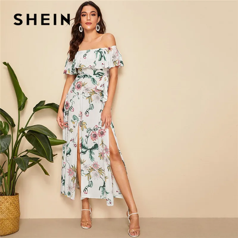 SHEIN بوهو الأزهار طباعة انقسام تنحنح Foldover قبالة الكتف ماكسي اللباس المرأة الصيف مثير اللباس شاطئ عطلة مربوط طويل فساتين