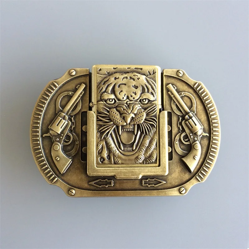 New Vintage Bronze Plated Tiger Guns Lighter Belt Buckle also Stock in