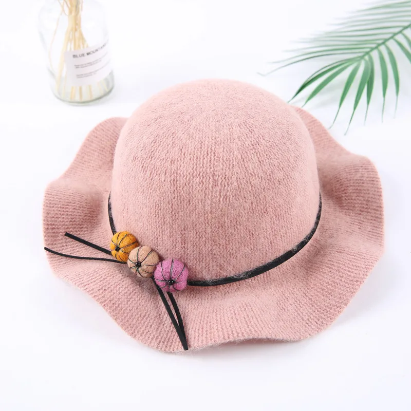 Новая мода для девочек большой Брим Войлок шерсть шляпа фетровая шляпа детская зимняя Дерби Панама Кепка с козырьком от солнца 2-7Years - Цвет: Розовый