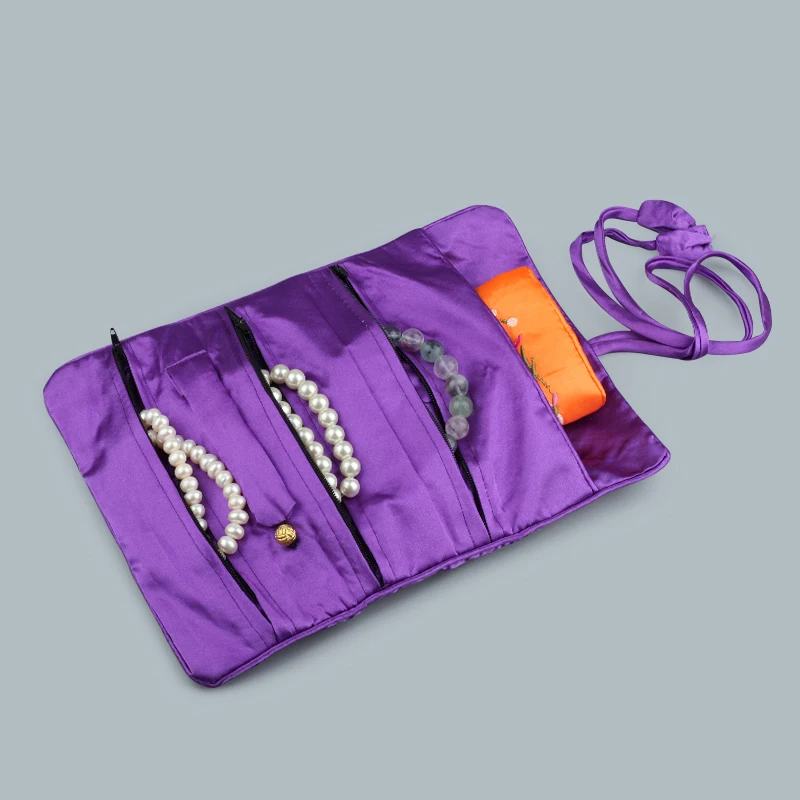 Portable Silk Cosmetic Set Jewelry Travel Rolls Pouch Gift Bag Coin Purse Vintage Embroidery Jewelry Organizer Handbag 3 Zippers