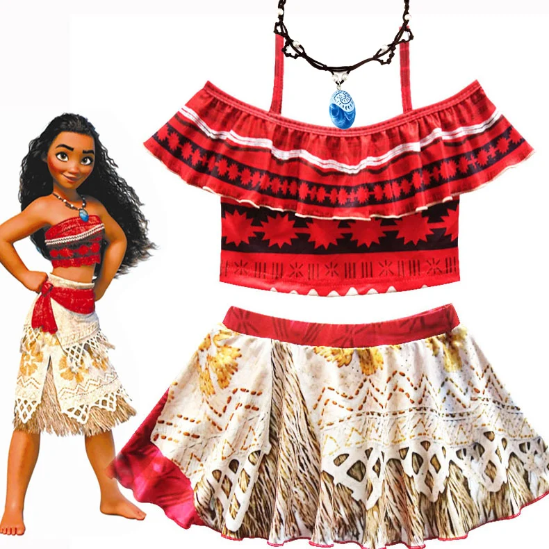 

Cartoon Clothes Sets for Girls Kids Top + Mini Dress Children Summer Vaiana Swimmable Bodysuit Beachwear Princess Clothing dres