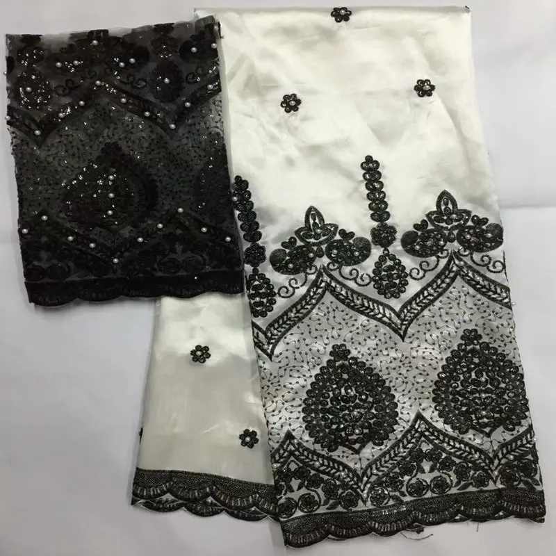 

Luxury Beads George Lace Fabric Beautiful African Silk Lace Fabric White And Black High Quality For Engagement Wedding ZGL16-1