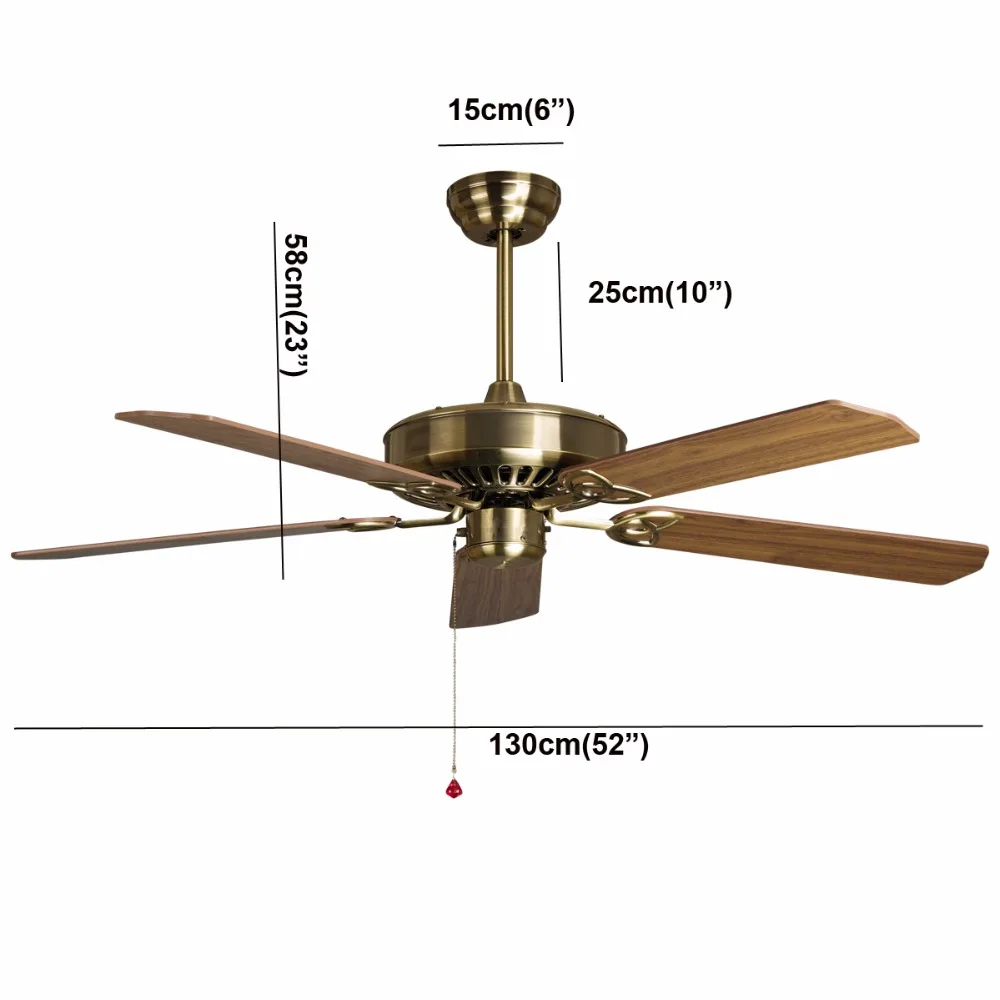 Деревянный потолочный вентилятор 52 дюймов 5 листьев без света и 2 размера стержень для гостиной спальни столовой