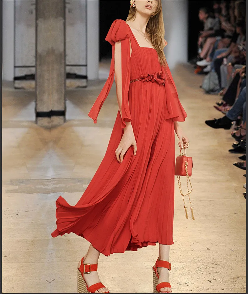 Zoete Rode Chiffon Lange Jurk Gewaad Femme Ete 2018 Lente Zomer Geplooide Jurk Vrouwen Vierkante Kraag Enkellange Jurk Zoete Rode Chiffon Lange Jurk Gewaad Femme Ete 2018 Lente Zomer Geplooide Jurk Vrouwen Vierkante Kraag Enkellange Jurk