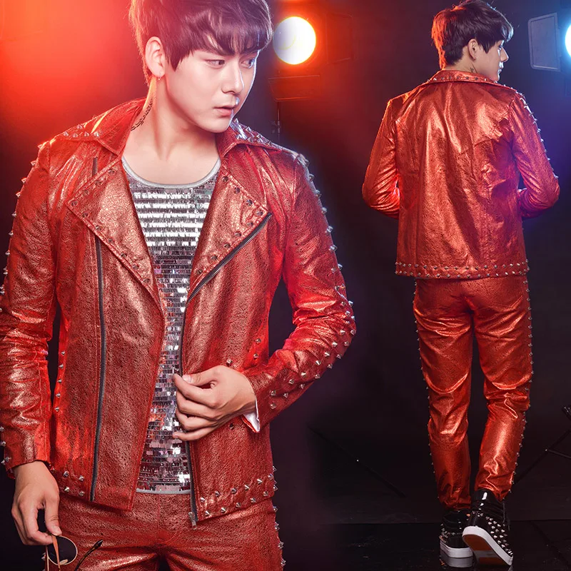 

new GD Performance DJ Street Dance Shelf Drum Men Clothes Male Singer motorcycle Rivet Leather Jacket Fashion Leather suit Set