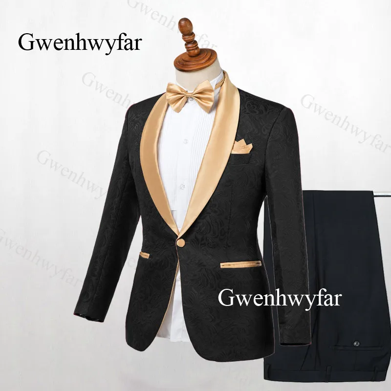 Мужской Жаккардовый костюм Gwenhwyfar черный смокинг блейзер с золотым лацканом