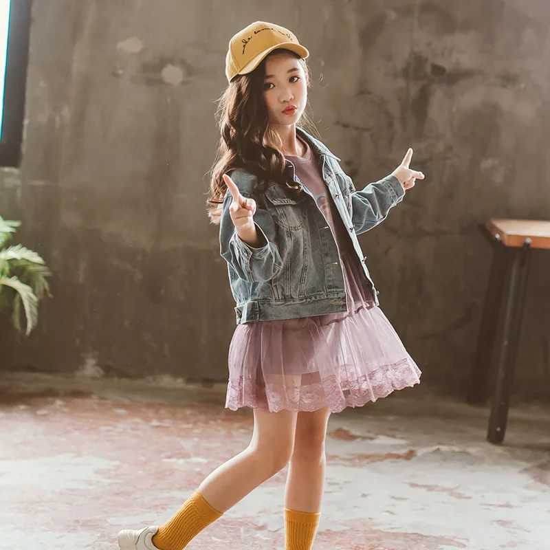 

2019 Lace Denim Girls Jackets Kids Shool Blue Spring Autumn Girls Coat For 3 4 6 8 10 12 Years Old Girls Clothes