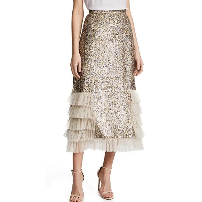 

Chic Tea Length Solid Color Sequined Skirts For Women With Tulle Ruffles Tiered Fashion Female Skirt Office Lady Saias Zipper
