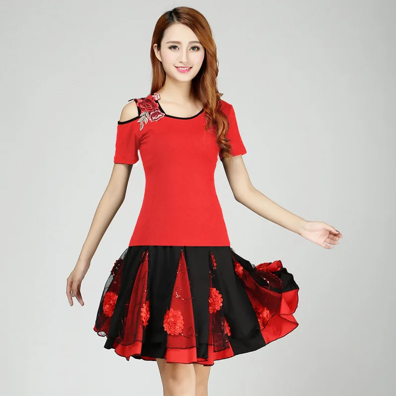 

2017 square dance clothing women skirt suit short sleeved Dance Dress Skirt with Top women's clothes twinset