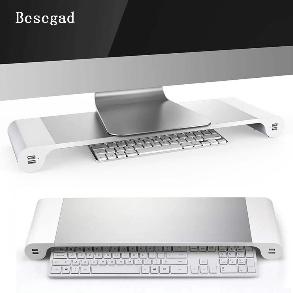 

Besegad Aluminum Alloy 4 USB Ports Desktop Stand Space Bar Computer Laptop Monitor Dock Stand Riser for iMac MacBook EU US Plugs