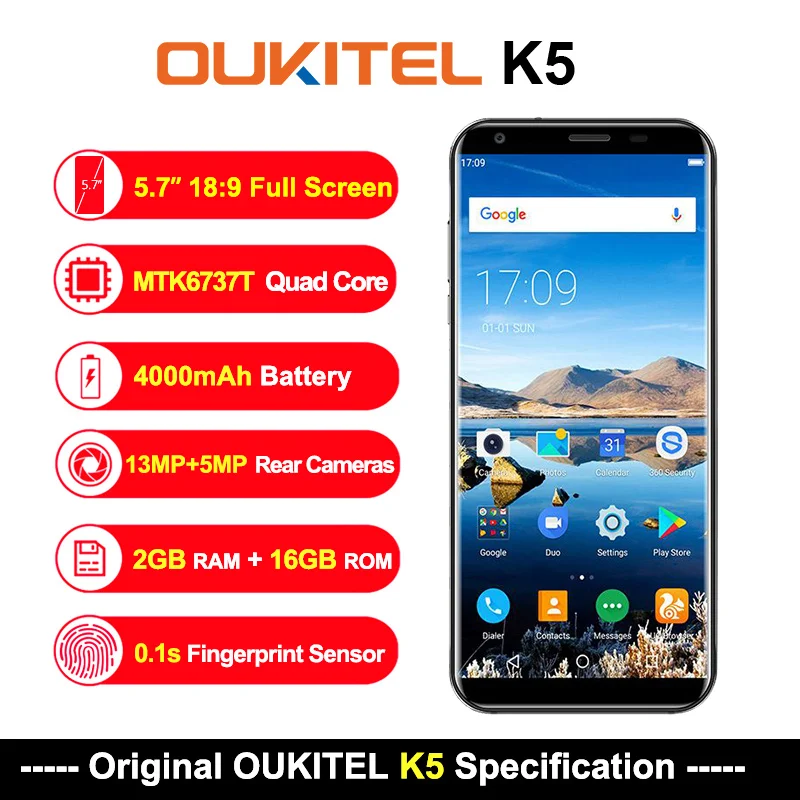 Oukitel K5 5.7 дюйма 18:9 Дисплей 4000 мАч мобильного телефона mtk6737t 4 ядра 2 ГБ Оперативная