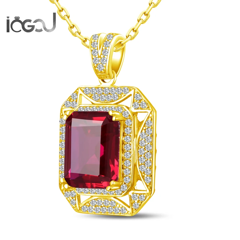 

IOGOU 925 Sterling Silver Rectangle Yellow Gold Color Pendants Halo Wedding Red Stone Hip Hop Precious Party Male Jewelry Gifts