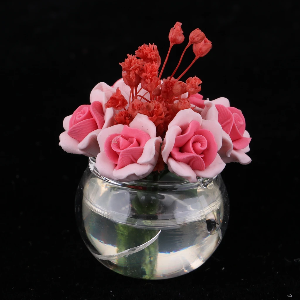 1/12 Dollhouse Miniature Layout Mini Red Plant Rose Flower with Plastic Vase Arrangement Doll House Decor Ornament Accessories