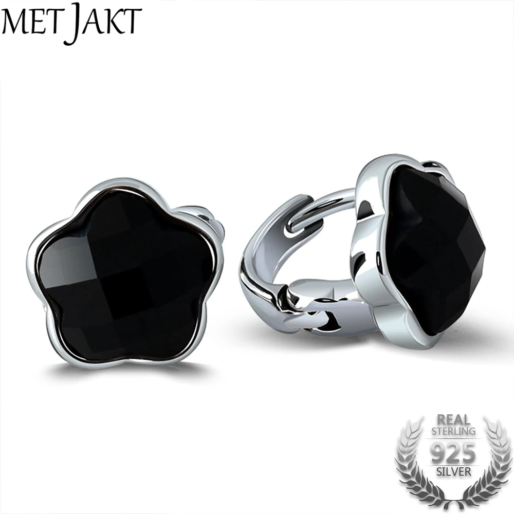 Tanie MetJakt naturalne czarny agat klipsy stałe 925 Sterling Silver Star kolczyki dla kobiet i dziewczyny impreza, biżuteria ślubna