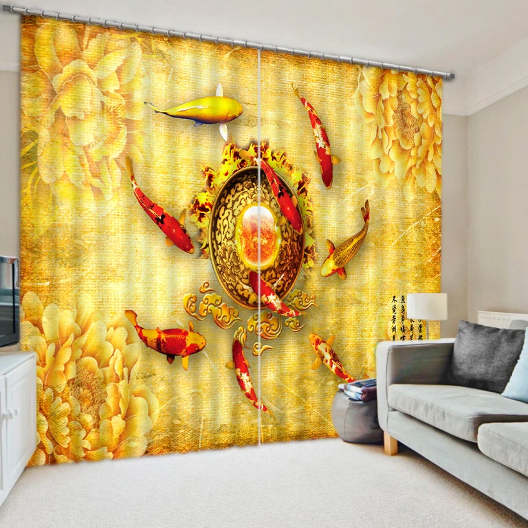 

golden curtains fish curtain 3D Curtain Luxury Blackout Window Curtain Living Room