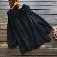 5847 Spring Women Top Literary Vintage Ruffled Collar Drawstring Embroidery Cotton Pullover Long Sleeve Loose Shirt Blouse Women 2