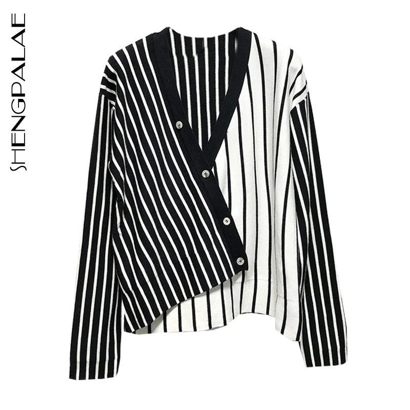 Online SHENGPALAE 2019 Nuova Primavera Delle Donne Della Banda Pulsante Pullover Camicia di Lavoro A Maglia casual Femminile Con Scollo A V A Maniche Lunghe Sciolto Maglione Sottile HD483