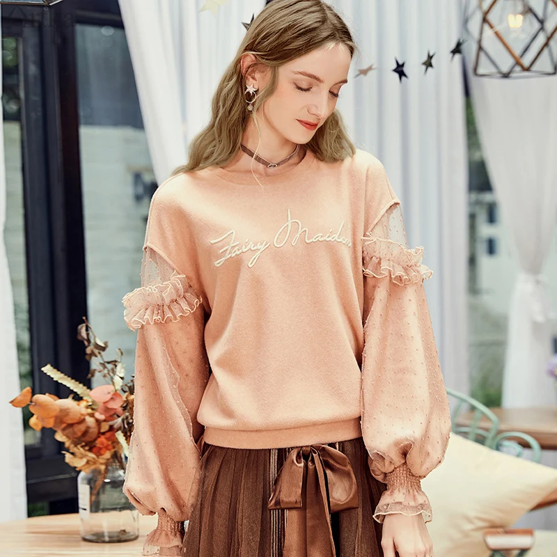 

ARTKA 2019 Autumn New Female Sweatshirt O-Neck Pullover Casual Sweatshirts Ruffled Mesh Stitching Sweatshirt For Women VA10881Q