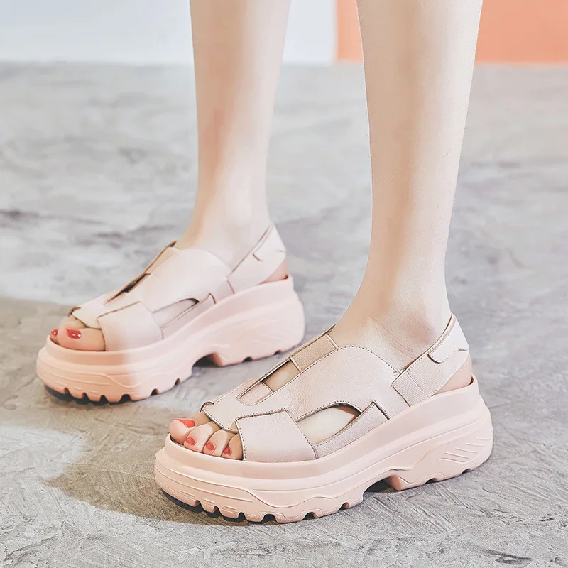 

Women Leather Sandals White Casual 6 Cm High Heels Wedge Shoes Summer Beach Sandals Women Slip on Lazy Shoes 2019 Soft Snearker