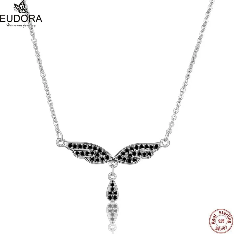 Eudora Black Crystal Angel Wings 100 925 Pure Sterling Silver Pendant