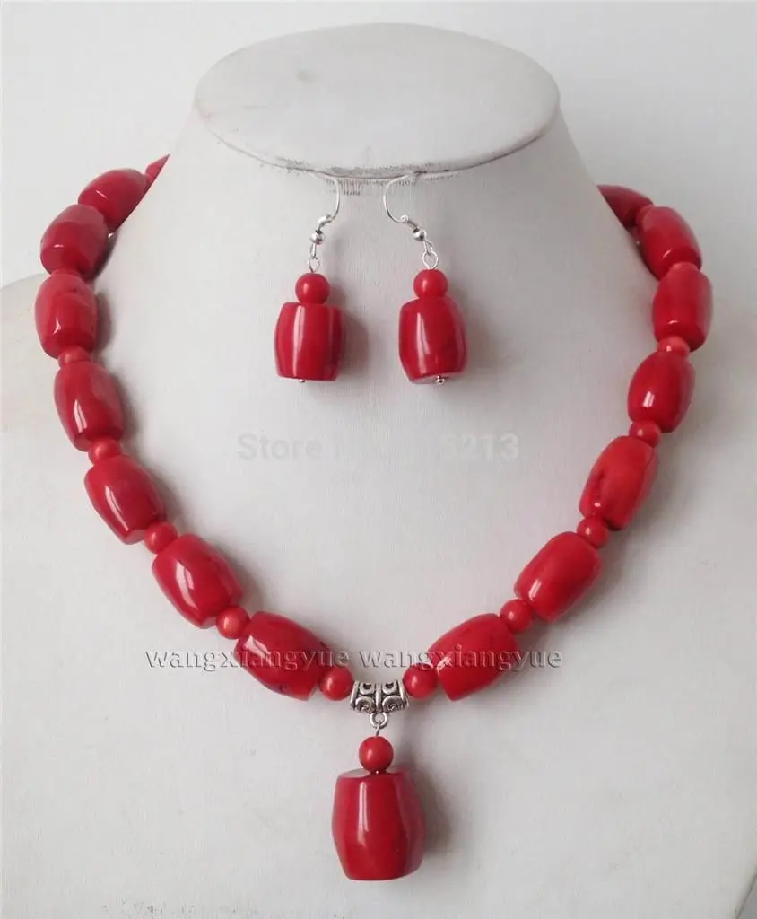 

ddh00948 Charming!Big Red Coral Column Shape Beads Necklace Earrings Set AAA