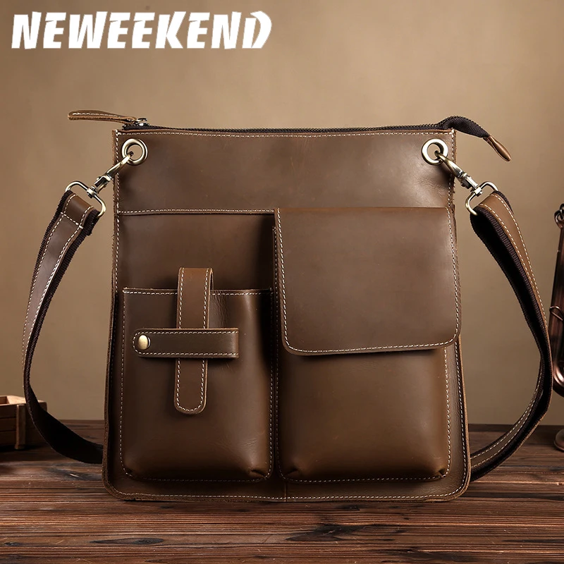 

Men's Crazy Horse Leather Bag Retro Leather Casual Shoulder iPad Bag Fashion Cross-body Briefcase Sling Bags LS-0175