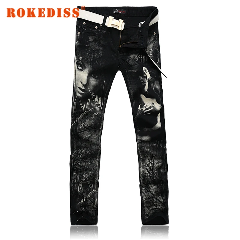 Men Straight Slim Men s clothing mens jeans male pantalones vaqueros hombre black printing Long pants