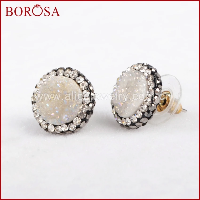 

BOROSA 1Pair Round Natural Agates Drusy Titanium AB Druzy Stud Earrings Paved Zircon Fashion Jewelry Earring for Women JAB206