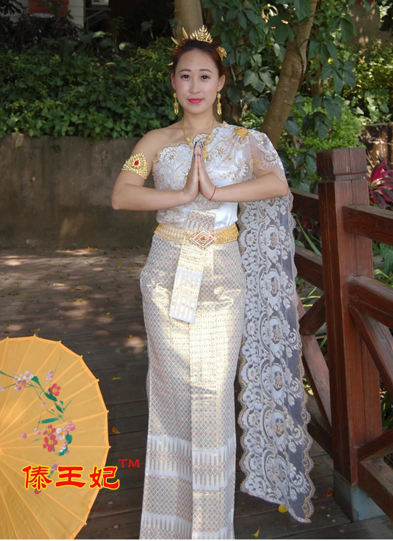 Традиционное элегантное свадебное платье в тайском стиле, Новое поступление, белое свадебное платье на плечо без рукавов, тонкая свадебная вуаль с тайской Лаос, одежда для невесты