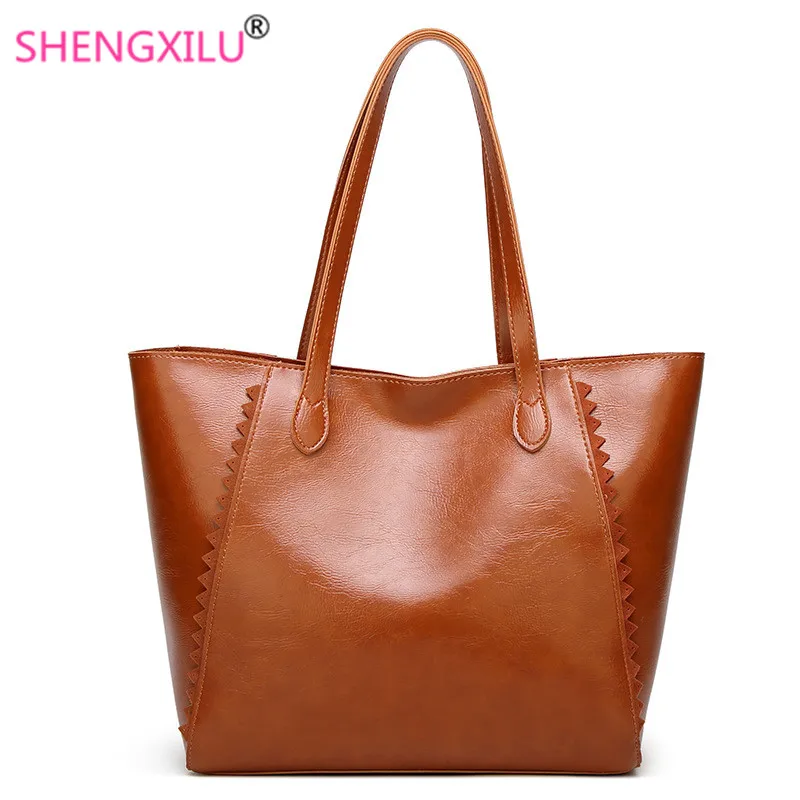

Shengxilu New Fashion Women Handbags European & American Simple Oil Wax Leather Female Shoulder Bag Solid Color Ladies Tote Bags