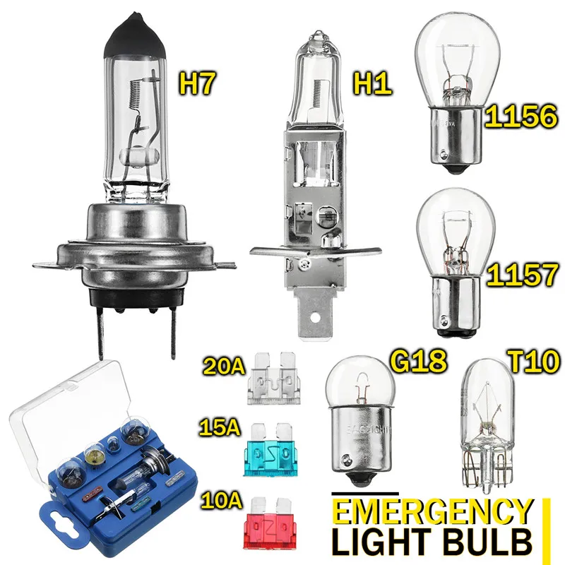 

9Pcs/Set Car Spare light bulb Emergency 1156 1157 T10 H1 H7 Fog Light Turn Lamp Headlight Halogen bulb with FUSE Kit