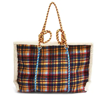

casual Ladies bag New 2019 Faux lamb plaid single shoulder bags with braided shoulder strap English style tweed Tote women Bag