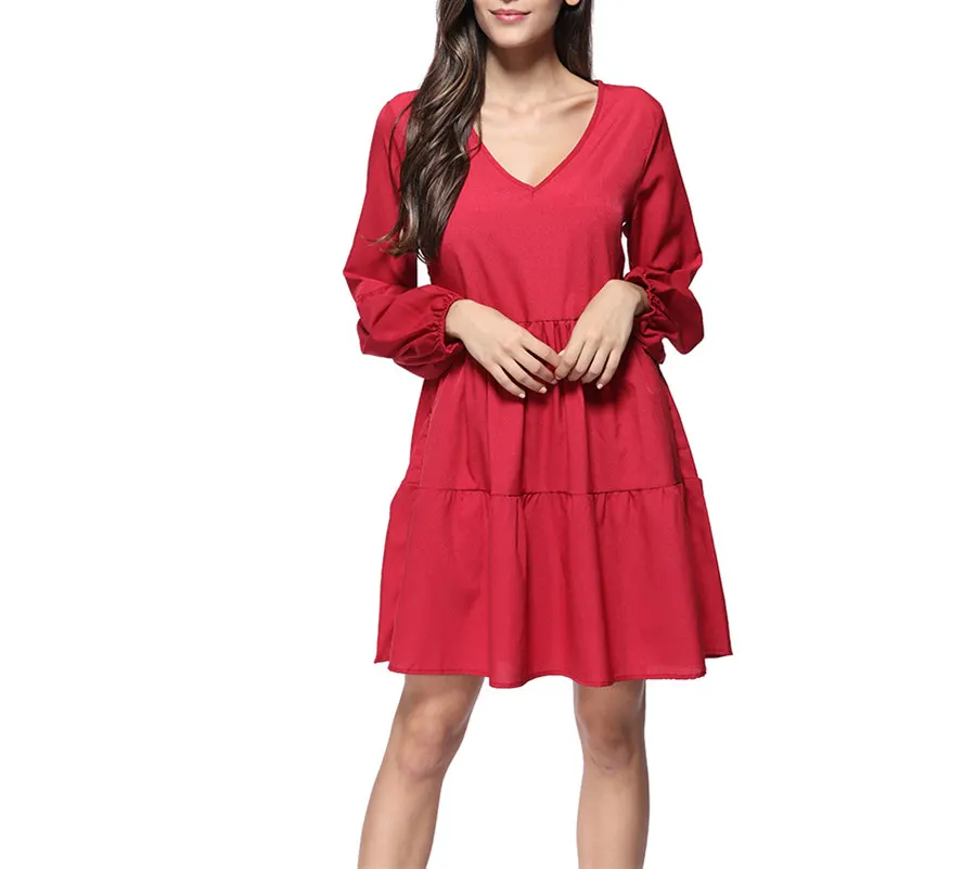 

Autumn Plus Size Chiffon Casual Dress Women Solid V-Neck Lantern Long Sleeve Empire Ball Gown Princess Mini Dress With 9 Color