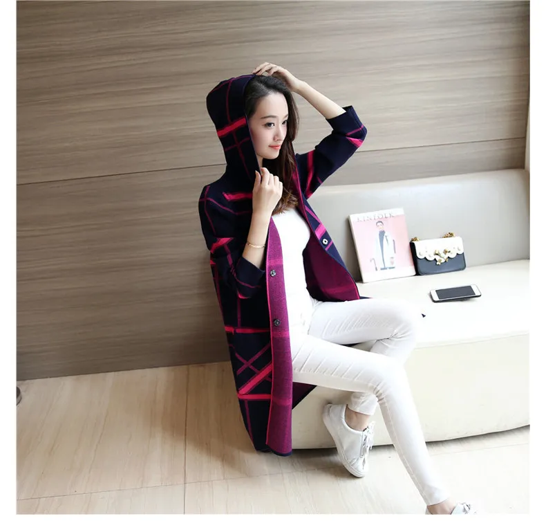 Осень корейский стиль Свободный Длинный свитер зимний женский свитер длинный рукав клетчатый кардиган свитер