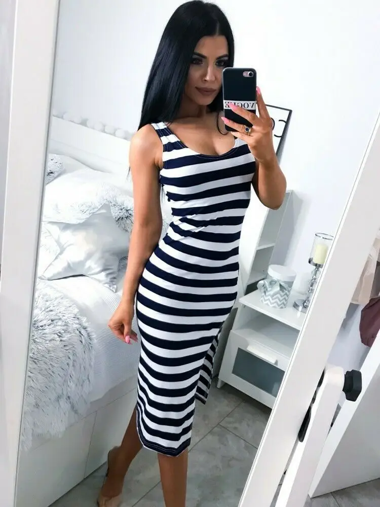 

Women Lady Sexy Bodycon Slim Maxi Dress Striped Sleeveless Dresses Summer Evening Party Sundress