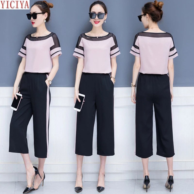 

Pink 2 Piece Set Outfit Tracksuits for Women Co-ord Set Chiffon Pants and Top Sportswear 2020 Summer See Through 2pcs Clothing