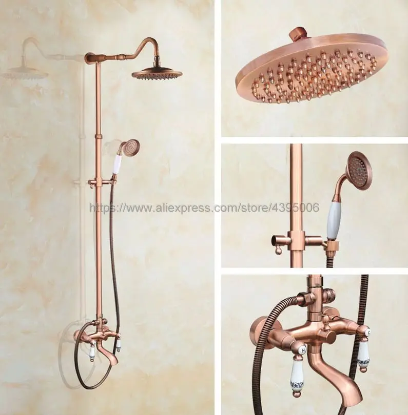 

Antique Red Copper Dual Handle Rain Shower Faucet Set 8" Rainfall Tub Spout Shower Mixers with Handshower Brg646