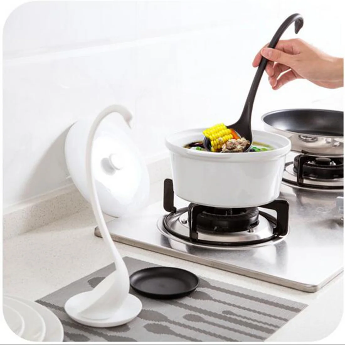 

1set Innovation Kitchen Accessories Utensils Creative Swan Soup Scoop With Tray / Long Handle Stand Stable Kitchen Cooking Tools