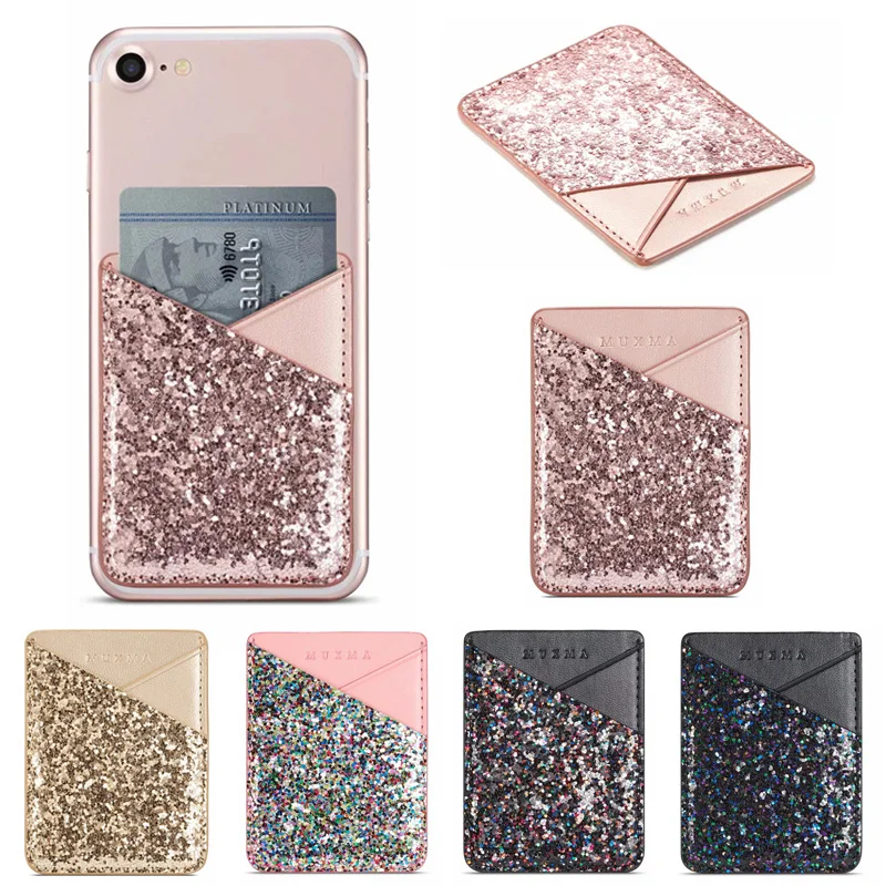 Bling Sequins Leather Card Holder Sticker For iPhone XS Max X 8 7 Plus