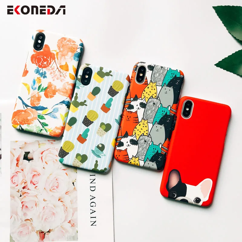 EKONEDA Cute Cartoon Animal Cat Dog Case For iPhone 6 6S Plus 7 8 Plus X XS Max XR Case Plastic Matte Cover For iPhone 7 Case