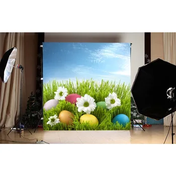 

3x5ft Bright Sunshine Blue Sky Spring Photography Background Easter Theme Eggs Grass Flowers Photo Shooting Backdrop Backgrounds