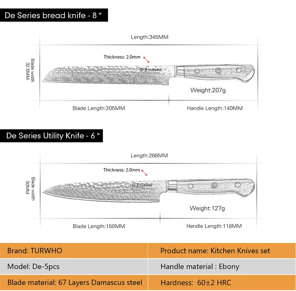 TURWHO 5 шт. набор кухонных ножей VG10 Дамасская сталь высокоуглеродистой японский шеф-поварский нож хозяйственный santoku кухонный набор с эбеновой ручкой