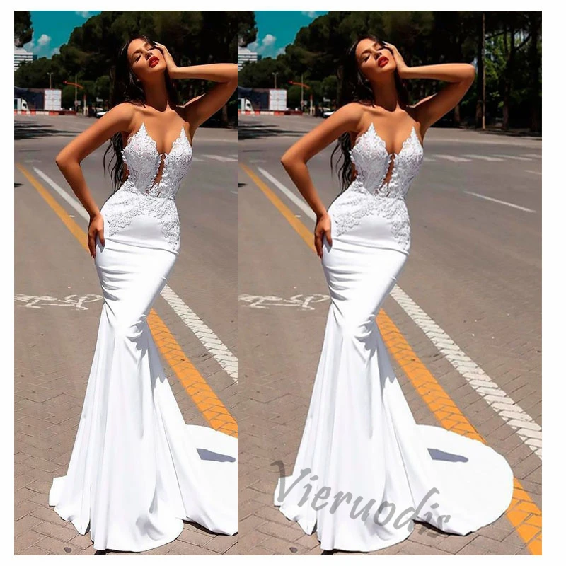 45-1            2019 White Mermaid Lace Wedding Dresses 2019 Trumpet Train Illusion bridal gown dress Floor Length Sexy Wedding Party Gowns