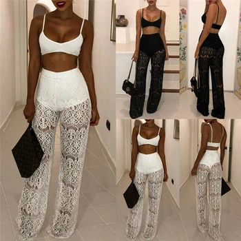 

2019 New Fashion Patchwork Pants Summer Women Ladies Sheer Floral Lace Pants Beach Bikini Cover Up Casual Trousers