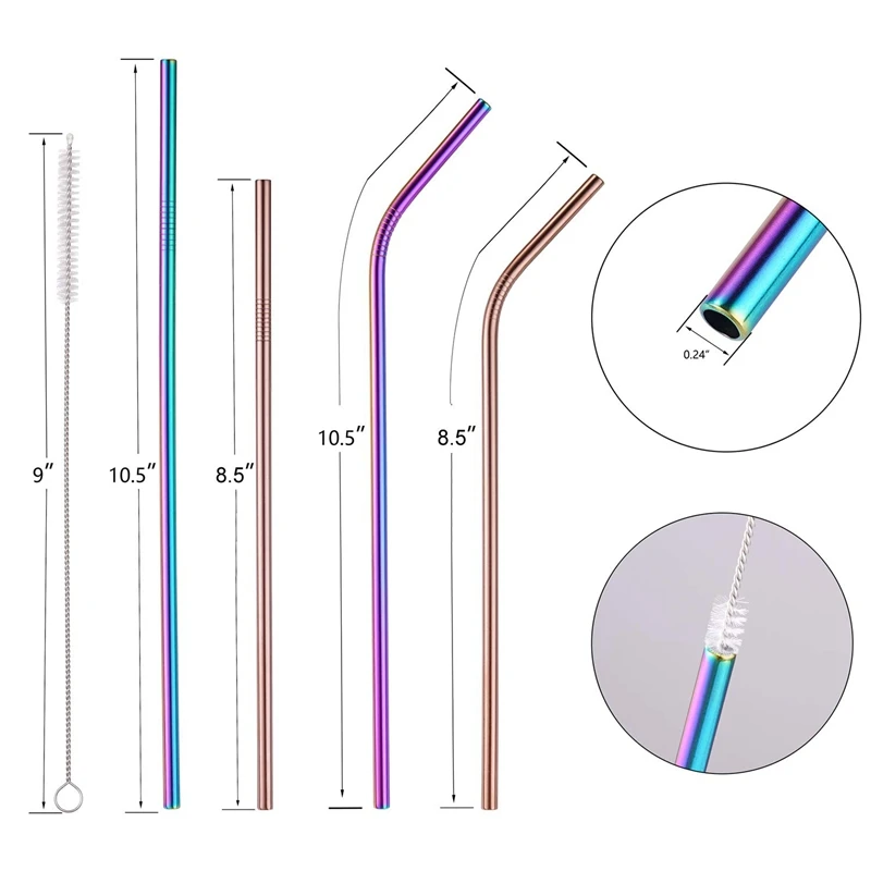 HOT-Stainless Steel Straws 10.5 Inch 8.5 Inch Reusable Rainbow Straws For 30/20Oz Tumbler Cold Beverage(7x Straight+7x Bent+4x