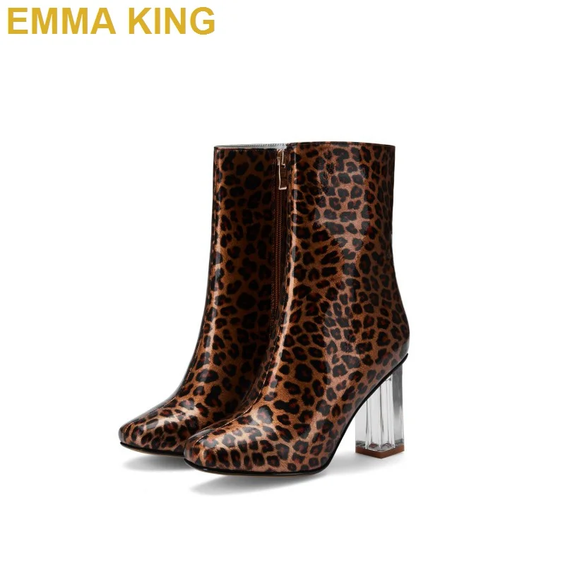 Autumn Winter Crystal Heels Leopard Ankle Boots Women Sqaure Toe Chunky High Heels Sexy Ladies Shoes Short Booties Zipper