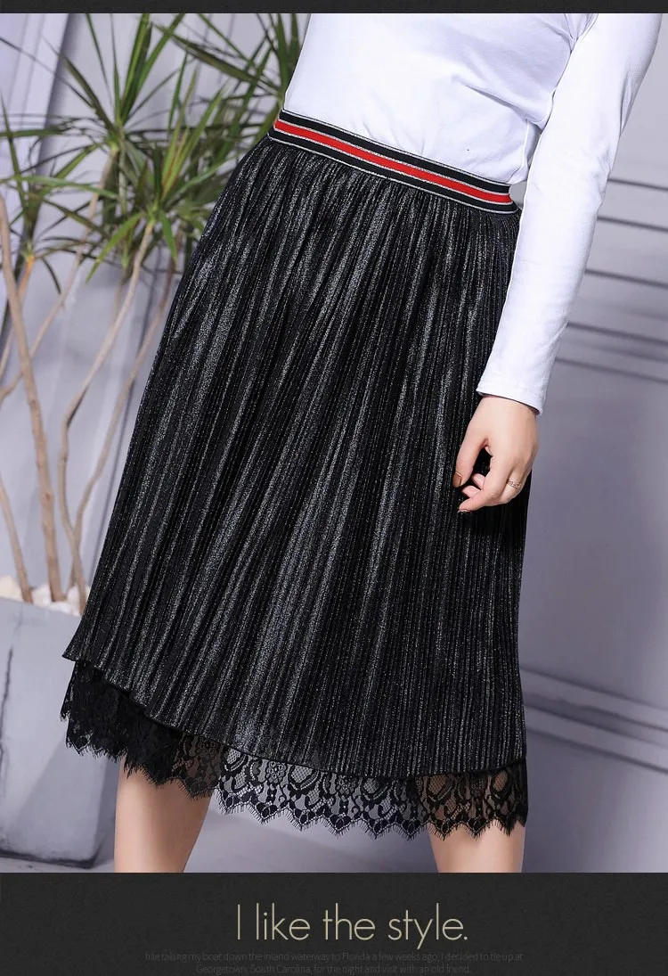 AOFULI L~ 5XL 4XL шик плюс размеры для женщин юбка эластичный пояс блестящие плиссированные юбки шить с Wayv кружево миди A3889