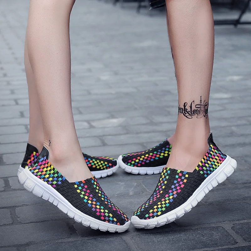 Big Size 35-44 Yards Woven Mesh Women Shoes Round Head Breathable Soft Flats Slip-On Footwear Lightweight Outdoor Casual Shoes (59)