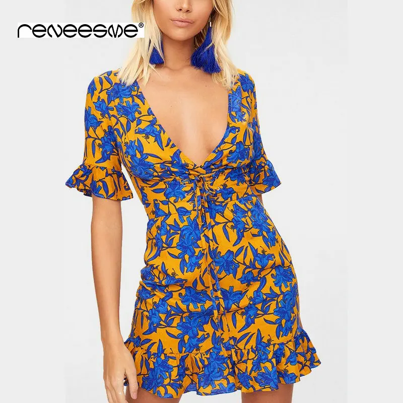 

fashion women floral print dress ruffkes short sleeve sexy deep v neck lace up mini ladies dresses chiffon sashes party vestidos