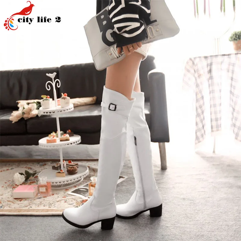 

Side Zipper High Boots Winter Large Size 40 Knee-High Boots Buckle White Snow Boots Women High Heels Botas Largas Mujer